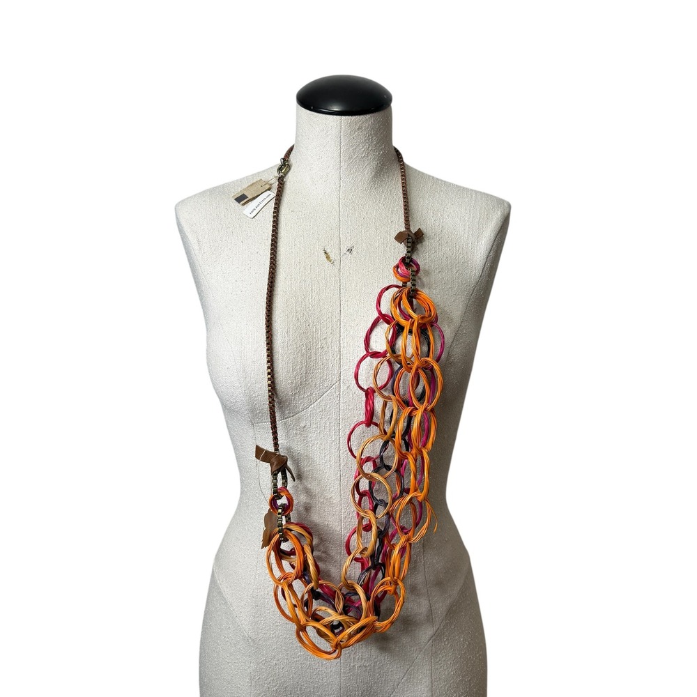 NWT Lee Angel‎ Women's Multi Manuela Link Leather Brass Statement Necklace NWT